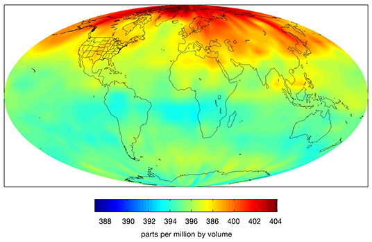 Carbon Dioxide in Earth's Mid-Troposphere, April 2013 Monthly Average